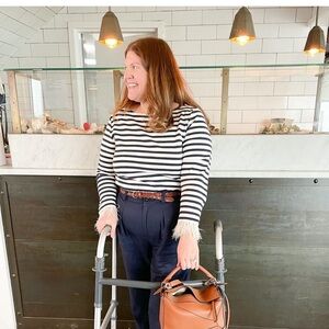 J. Crew Navy and White stripe tee w/ feather trim